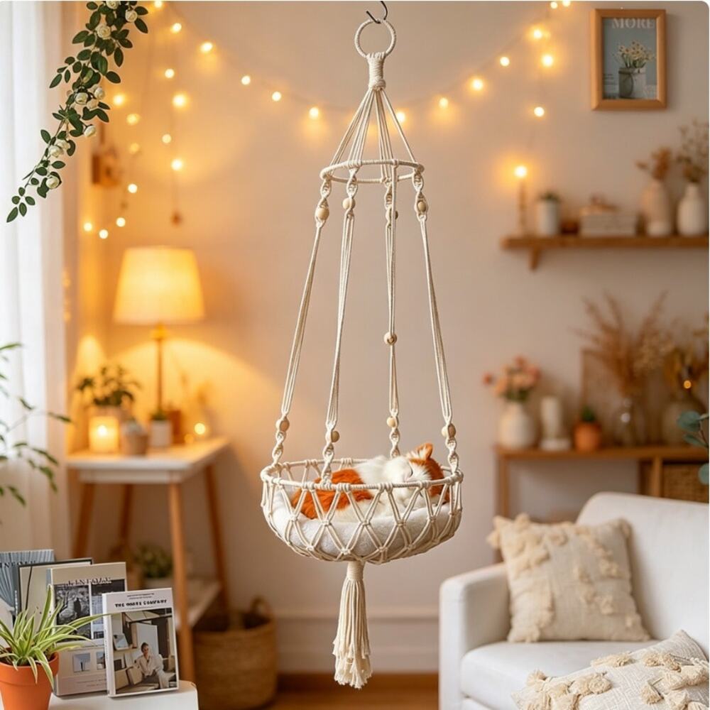 Boho Macrame Cat Hammock, Handwoven Cotton Rope Hanging Bed for Small Pets